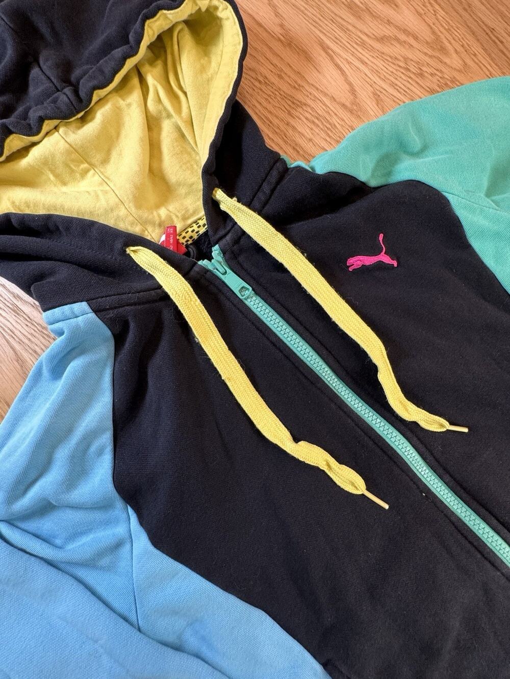 Puma Sport Lifestyle Women XS Colorblock Full Zip Hoodie Teal Neon Green Yellow
